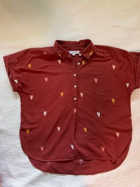 LOFT boxy collared 100% cotton shirt with embroidered hearts, size Medium